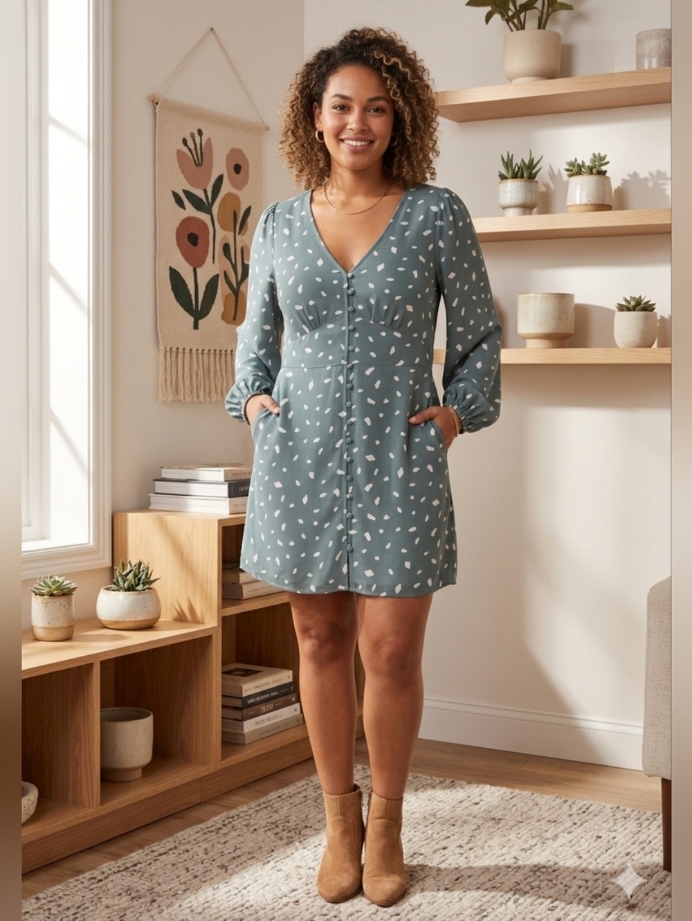 Abercrombie & Fitch Sage Green Modern Polka Dot Mini Dress | Women’s Size Large
